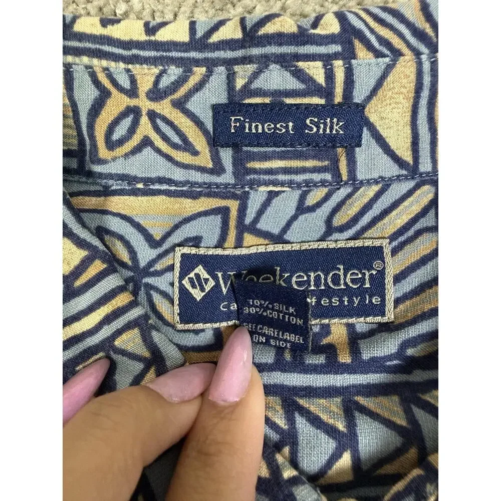 Weekender Shirt Mens 2XL Blue Geometric Short Sleeve Button Up Silk Cotton